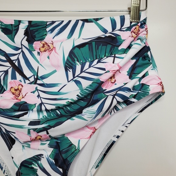 NEW HOLIPICK Green Leaf White High Waisted Tropical Bikini Bottom Size Medium - Picture 3 of 6